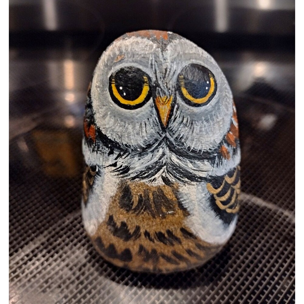 Stone Art Hand Painted Signed Stone Owl Figurine Painted Finish Unboxed